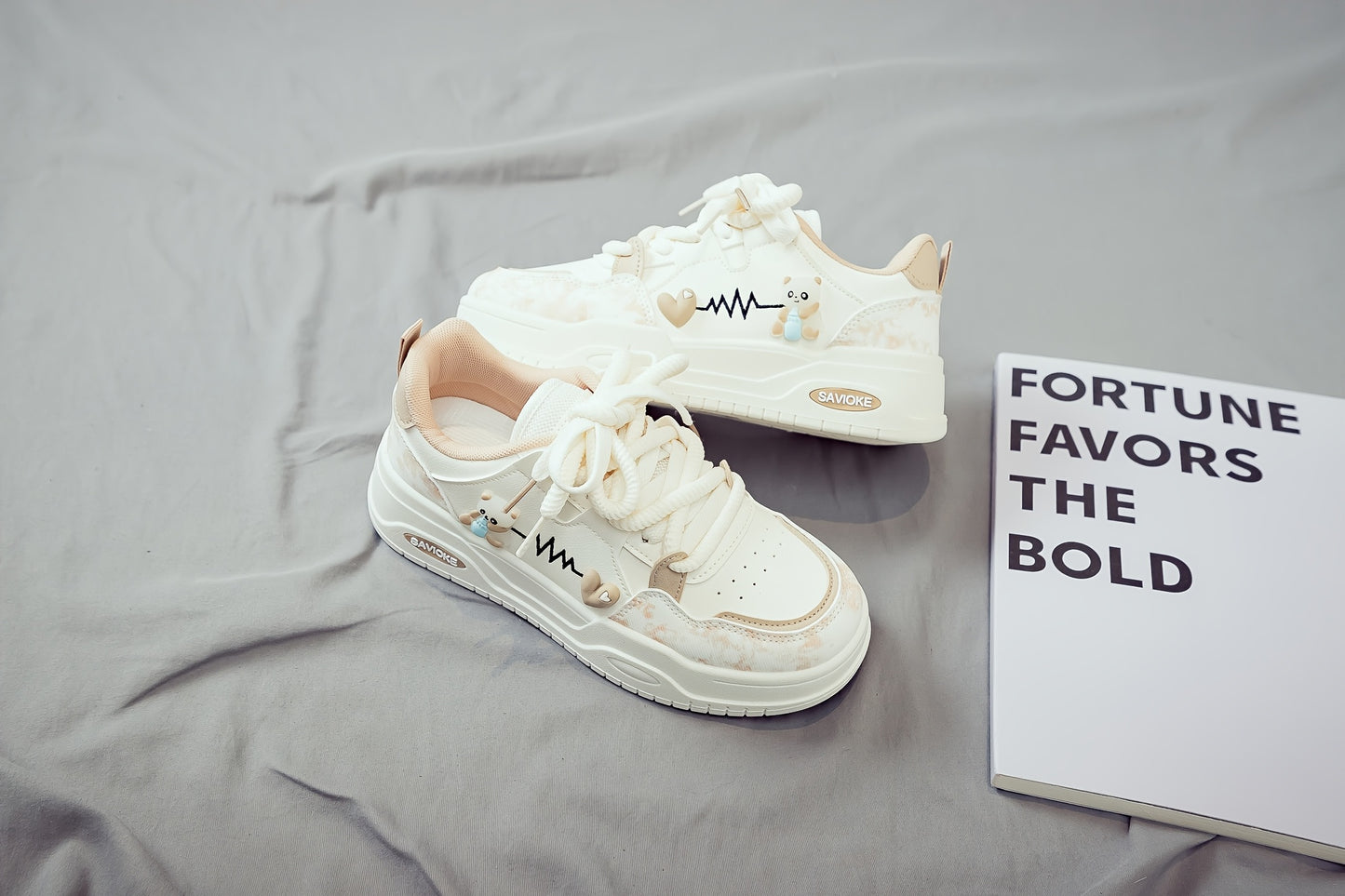 Women's White Mid-Top Sneakers with Bear  Heart Stripes Design - PU Cover  Upper, Thick Cushioned PVC Sole - Trendy Casual Shoes for All-Season Comfort