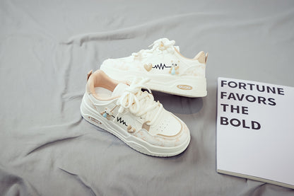 Women's White Mid-Top Sneakers with Bear  Heart Stripes Design - PU Cover  Upper, Thick Cushioned PVC Sole - Trendy Casual Shoes for All-Season Comfort