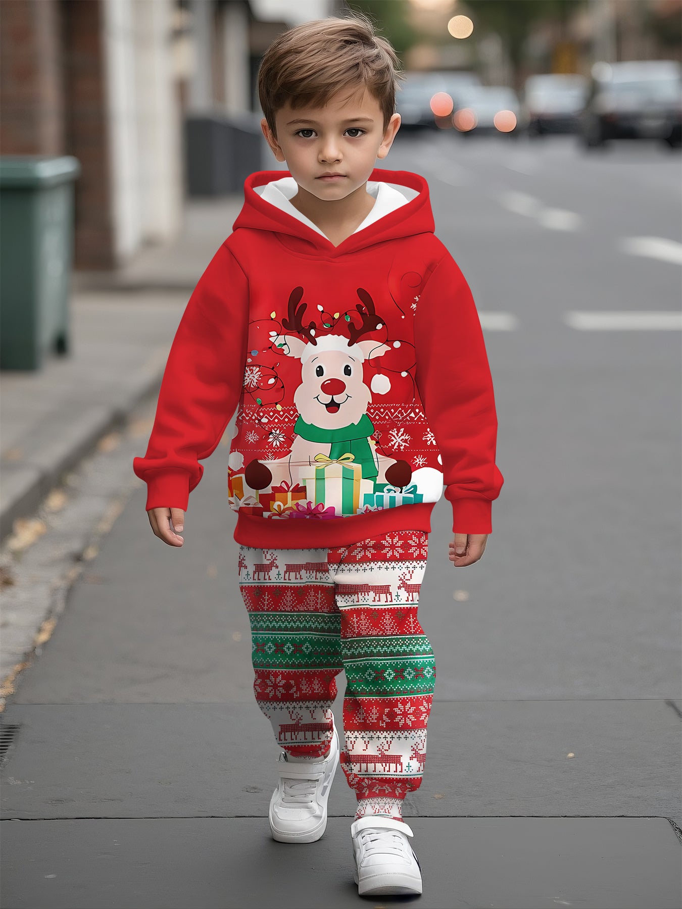 2pcs Boys' Christmas Reindeer & Holiday Sweatsuit Set - Cozy Hooded Sweatshirt & Sweatpants Outfit, Warm Winter Clothes for Boys, Boys' Casual Playwear, Machine Washable Gift for Christmas & New Year’s (Matching Outfit), Pe