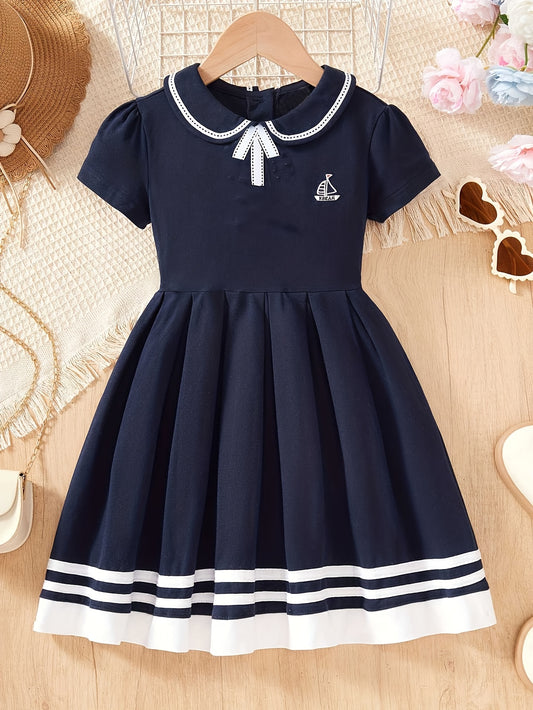 Girls' Summer Preppy Bow Dress with Sailor Collar and Pleated Skirt