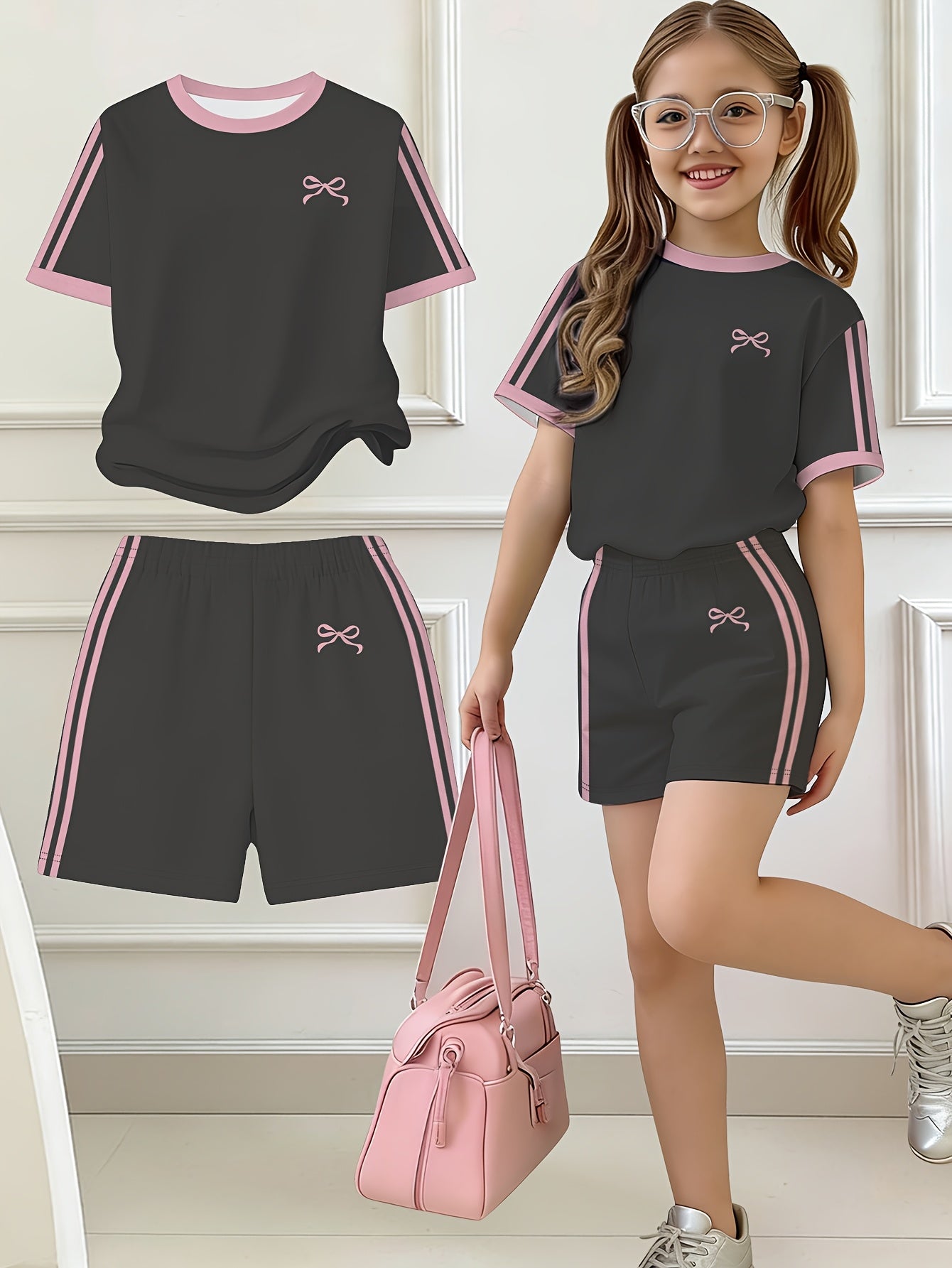 Girls' Butterfly Print Bow Short Sleeve Tee & Shorts Set