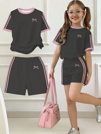 Girls' Butterfly Print Bow Short Sleeve Tee & Shorts Set