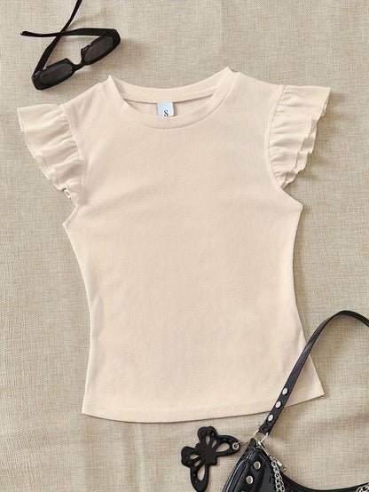 Slim Fit Ribbed Ruffle Sleeve T-Shirt for Women, Summer Chic - ayq