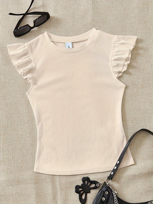 Slim Fit Ribbed Ruffle Sleeve T-Shirt for Women, Summer Chic - ayq