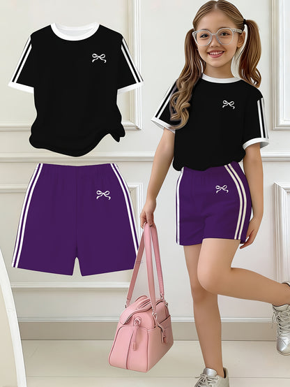 Girls' Butterfly Print Bow Short Sleeve Tee & Shorts Set