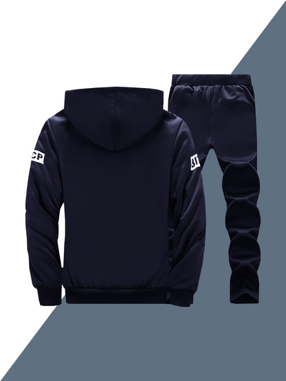 2pcs Men's -Lined Sportswear Set, Thickened Men's Casual Sportswear Set, Men's Sportswear Top and Bottom Set, Hooded Sweatshirt and Casual Sport Pants, -Lined and Thickened, Warm and Cold-Resistant, Suitable for Autumn and Wi