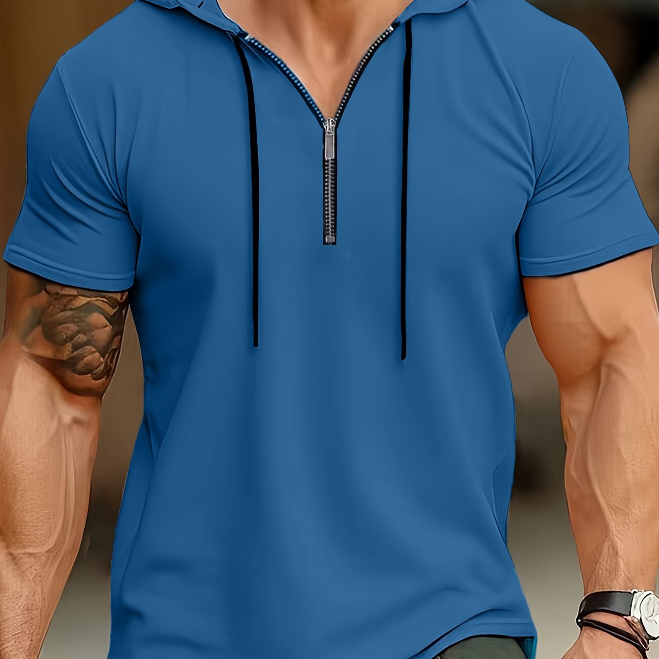 1pc Men's Light Blue Casual Hooded Short Sleeve T-Shirt with 1/4 Zipper, Breathable Stretch Fabric for Gym, Outdoor  Summer Wear, Gym Apparel, Stylish Contrast Detailing, Comfortable Fit