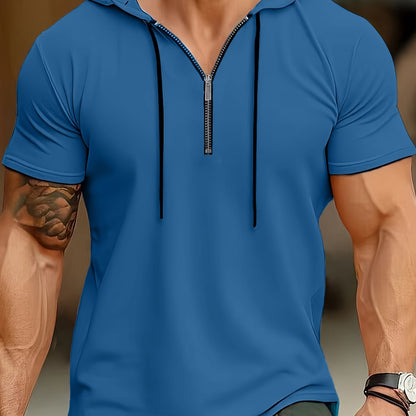 1pc Men's Light Blue Casual Hooded Short Sleeve T-Shirt with 1/4 Zipper, Breathable Stretch Fabric for Gym, Outdoor  Summer Wear, Gym Apparel, Stylish Contrast Detailing, Comfortable Fit