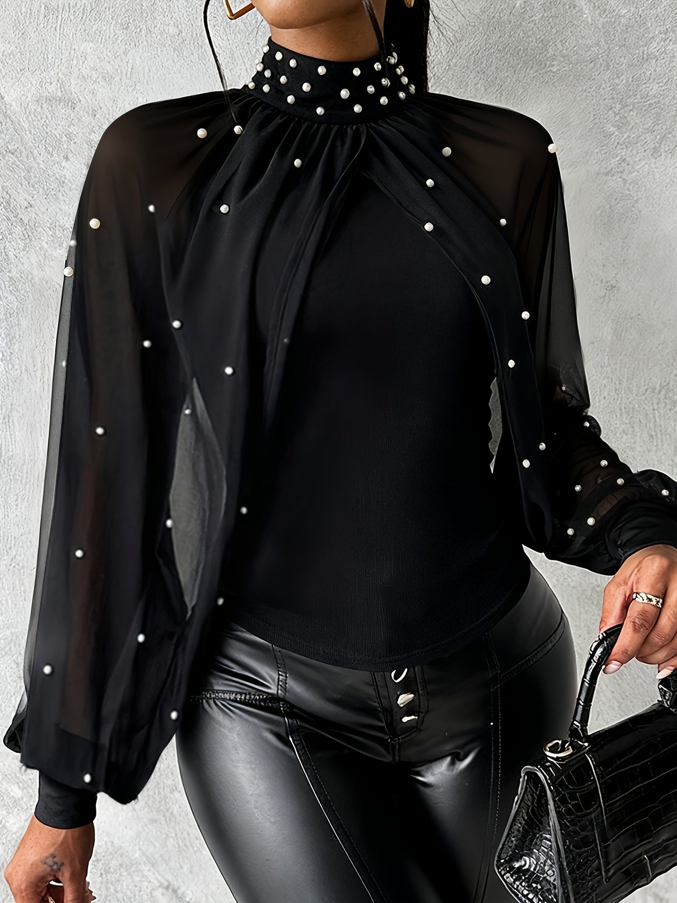 Women'S Elegant Off-Shoulder/One-Shoulder Tunic Top - Red/ - Long Sleeve Blouse with Pearl-like Beads - Formal & Everyday Chic Outfits - Spring/Fall, Fashion Lovers, Stylish Blouse, Quality Stitching, Sophisticated Design, Se