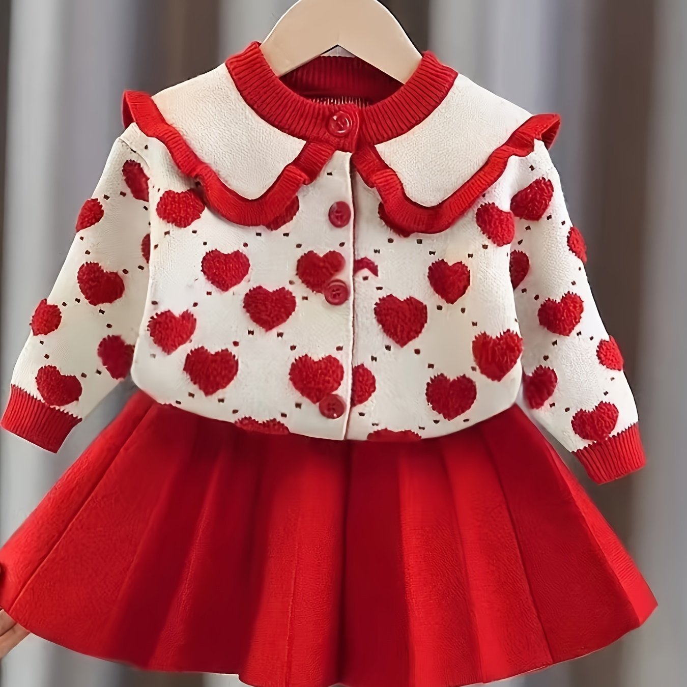 Girls' Red & White Knitted Dress with Ruffled Collar & Heart Patterns - Slim-Fit All-Season Party Wedding Outfit, Elastic Button-Front Bodice & Flared for New Year's Performances ( to)