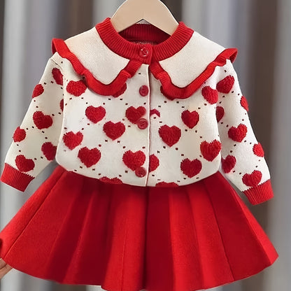 Girls' Red & White Knitted Dress with Ruffled Collar & Heart Patterns - Slim-Fit All-Season Party Wedding Outfit, Elastic Button-Front Bodice & Flared for New Year's Performances ( to)