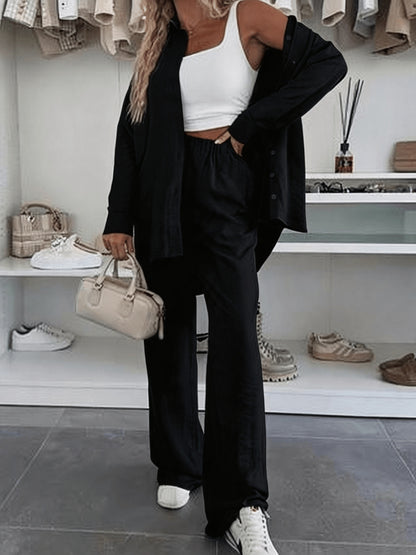 Women's Loose Shirt & Wide-Leg Pants Set - Elegant Polyester