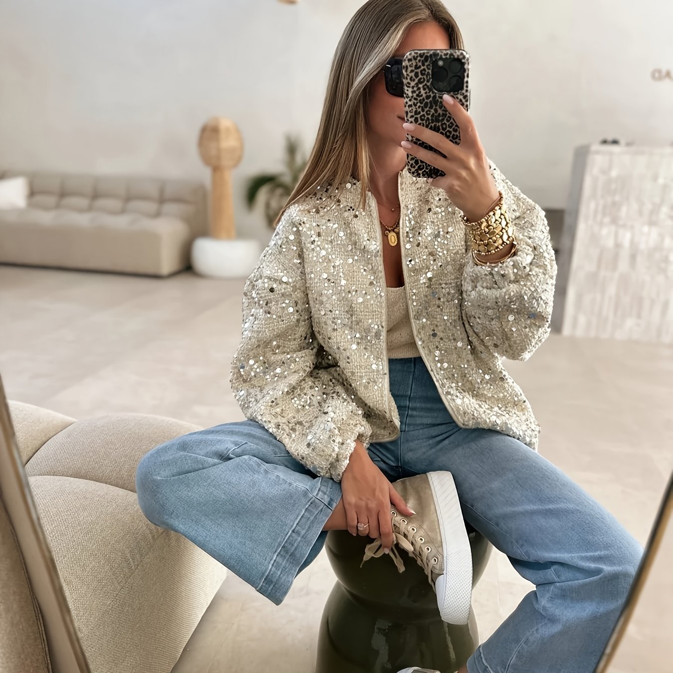 Women's Elegant Tweed Sequined Jacket - Stand Collar Long Sleeve Zipper Front H-Silhouette Coat for Autumn Winter Parties & Outings, Machine Washable