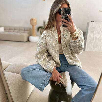 Women's Elegant Tweed Sequined Jacket - Stand Collar Long Sleeve Zipper Front H-Silhouette Coat for Autumn Winter Parties & Outings, Machine Washable