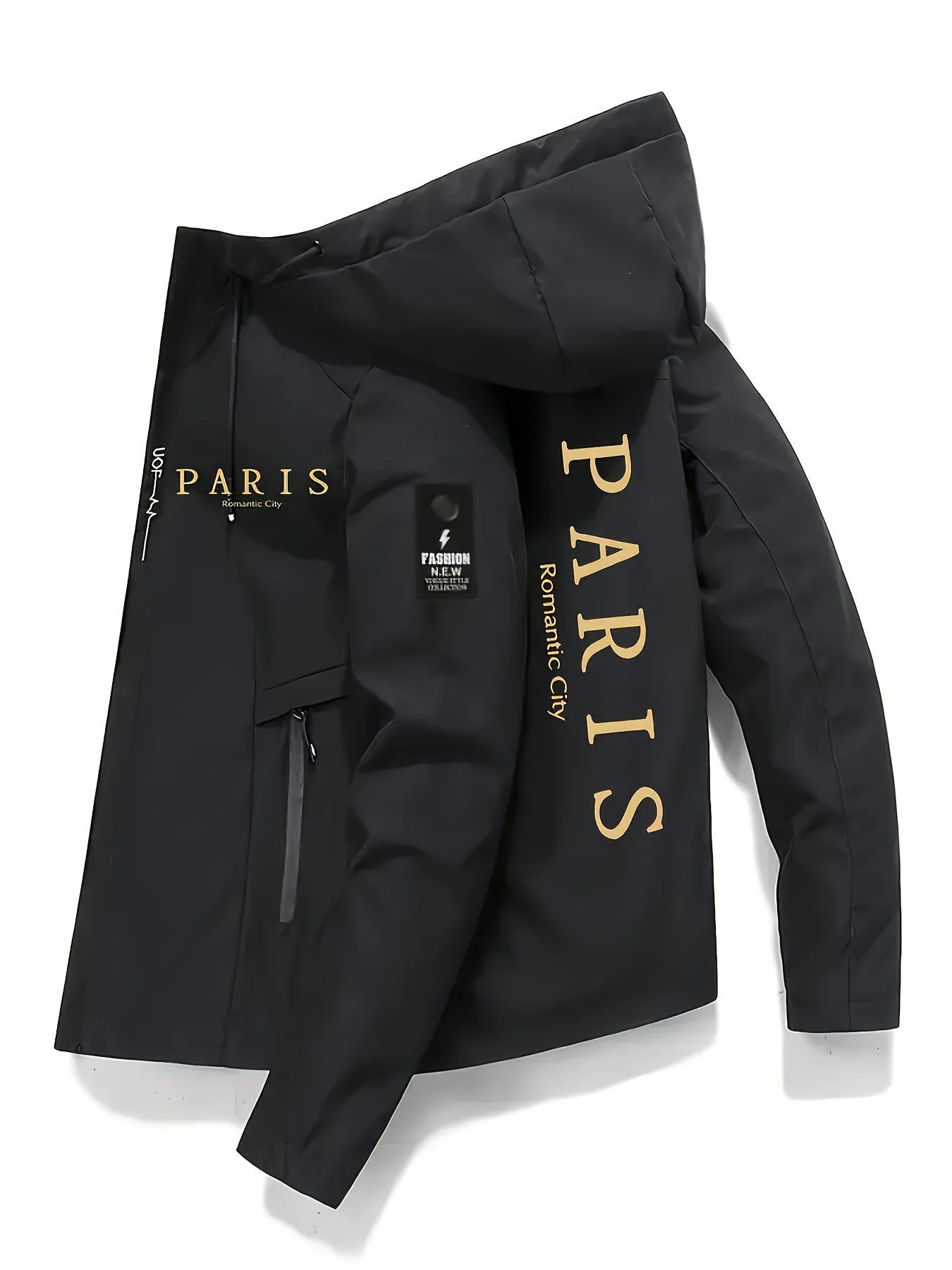 Men's Heavy-Duty Winter Hooded Jacket with Paris Print & French Label-Like Pocket - Full-Zip Full-Length Coat, Slim-Fit Casual Outerwear (Machine Washable) - Blue/Golden for Business & Everyday Use (), Mens Clothes, Workwear