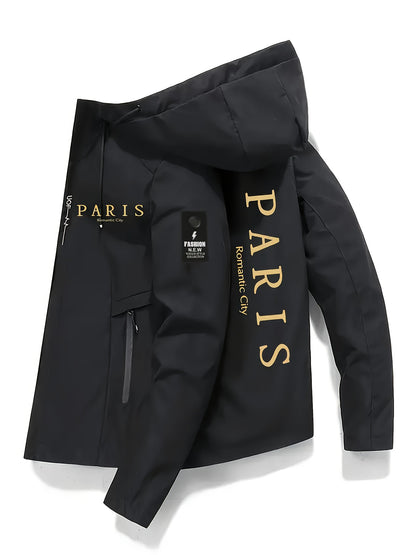 Men's Heavy-Duty Winter Hooded Jacket with Paris Print & French Label-Like Pocket - Full-Zip Full-Length Coat, Slim-Fit Casual Outerwear (Machine Washable) - Blue/Golden for Business & Everyday Use (), Mens Clothes, Workwear