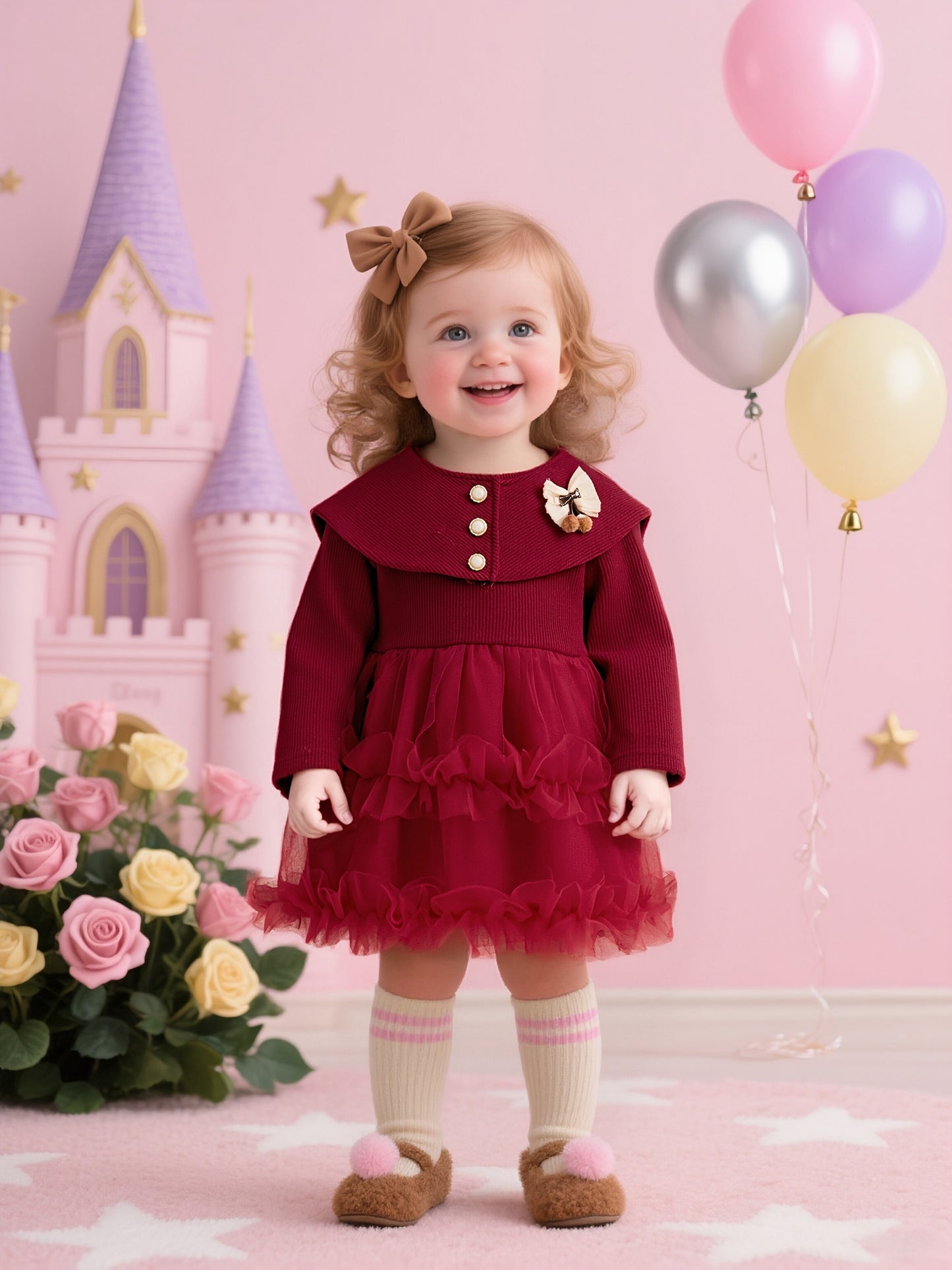 ZOSEYIES Girls' Elegant Red Princess Party Dress with Ruffled Hem & Puff Sleeves - Long Sleeve Winter Formal Outfit, A-Line Skirt with Ruffled Trim, Soft Non-Stretch Fabric for Christmas, New Year's, Birthday & Casual Attire