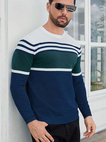 Men's Casual Comfort Knit Sweater, New Spring/Autumn Round Neck Base Layer Three-Stripe Contrast Color Pullover