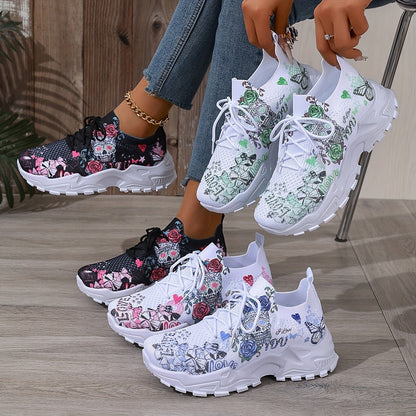 Women's Floral  Skull Print Breathable Mesh Sneakers, Lightweight Low-Top Running Shoes with Soft PU Sole, Stylish Pink  White Design for Casual Wear, Outdoor Travel  Halloween Events, Allseason Footwear   Japaneseinspired