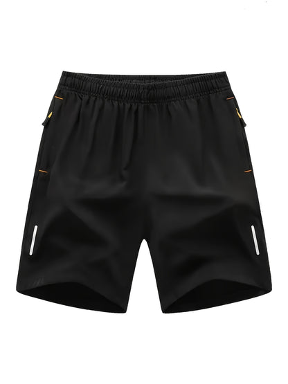 Men's Sporty Polyester Shorts Set with Reflective Strip & Zipper Pocke