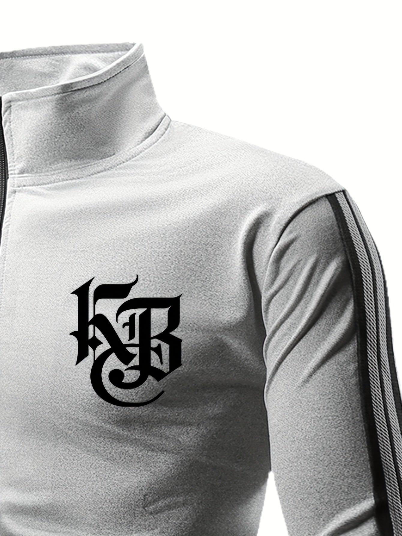 Casual Print Full-Zip Men'S Sportswear Set, Suitable for Gym Workouts And Running, Includes a Long-Sleeve Stand-Up Collar Jacket And Elastic Waist Joggers in a 2pcs Set