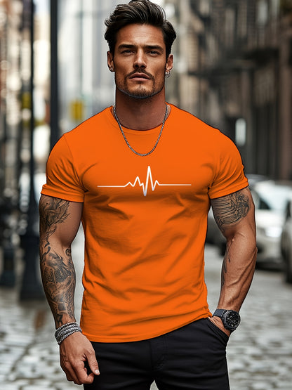 Men'S Brown T-Shirt with ECG Heartbeat Graphic - Casual Streetwear, Short Sleeve, Round Neck, Stretch Fabric, All-Season Comfort, Casual Streetwear Tee   Round Neck Tshirt   Comfortable Fit