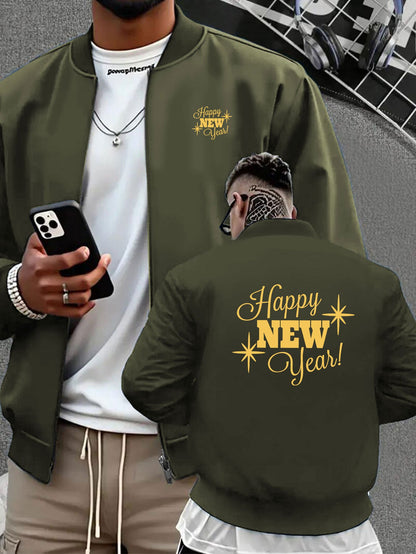 Men's Navy Blue Full-Zip Casual Jacket with Golden Happy New Year Print & Golden Glitter Lettering - Full-Zip Closure, Machine Washable, Regular Fit Winter Coat for Parties, Casual Attire & New Year's Eve Outfits - Stylish Ou