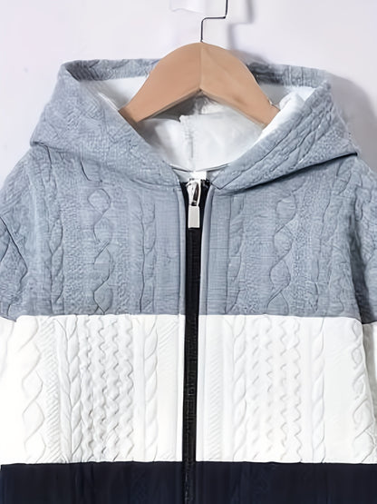 Youth 's Fashion Thickened Jacquard Fabric Grey White Navy Contrast Stitched Hoodie Sweatshirt + Comfortable Drawstring Casual Pants Two-Piece Set, Perfect for Outdoor Activities, Perfect for Outdoor