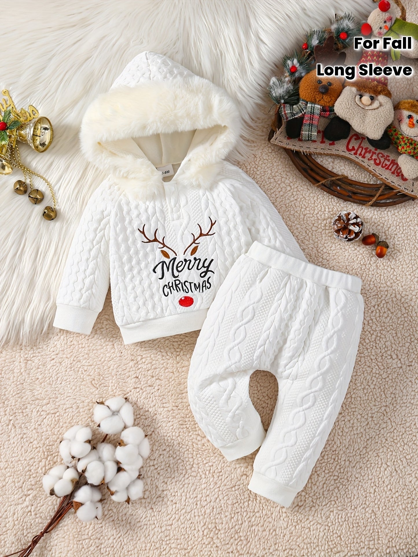 Cozy Boys' Christmas Hoodie & Pants Set with Antler Embroidery - Warm Fleece-Lined, Long Sleeve Outfit for Fall/Winter, Perfect for Outdoor