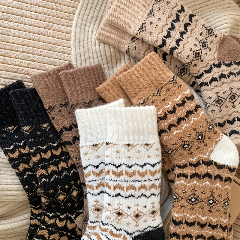 5 Pairs Thick Fleece Mid-Calf Socks for Autumn Winter Casual Wear