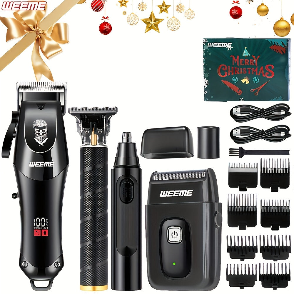 WEEME 4pcs Professional Hair Clipper Set for Men, Cordless Barber Clippers and Trimmer Kit, Electric Beard Trimmer and Nose Trimmer, Foil Shaver Men's Grooming Tool Kit, Christmas Gifts for Him (Black) - ayq