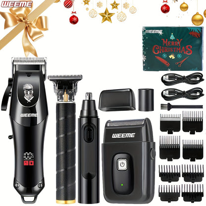 WEEME 4pcs Professional Hair Clipper Set for Men, Cordless Barber Clippers and Trimmer Kit, Electric Beard Trimmer and Nose Trimmer, Foil Shaver Men's Grooming Tool Kit, Christmas Gifts for Him (Black) - ayq