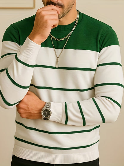 Men'S All-Season Knit Sweater - Soft Stretchy Pullover with Black & Grey Horizontal Stripes, Anti-Pilling Fabric for Everyday & Formal Wear - Year-Round Layering Essential for Office, Casual Outfits, Sweater, Office Attire, C
