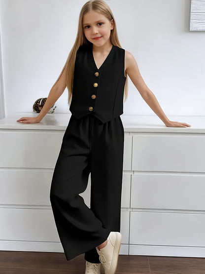 Girls' Summer Sleeveless Vest & Wide Leg Pants Set