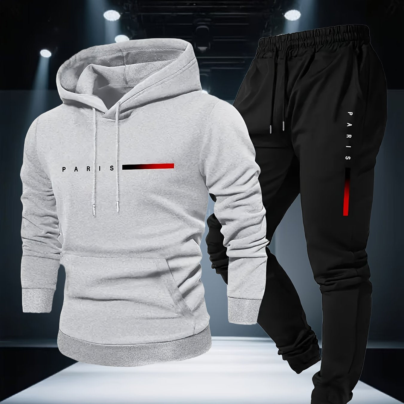 Halloween Men'S Hoodie with PARIS Lettering And Drawstring Sweatpants Set, a Must-Have Outfit for Autumn And Winter, Perfect for Everyday Outdoor Wear