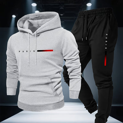 Halloween Men'S Hoodie with PARIS Lettering And Drawstring Sweatpants Set, a Must-Have Outfit for Autumn And Winter, Perfect for Everyday Outdoor Wear