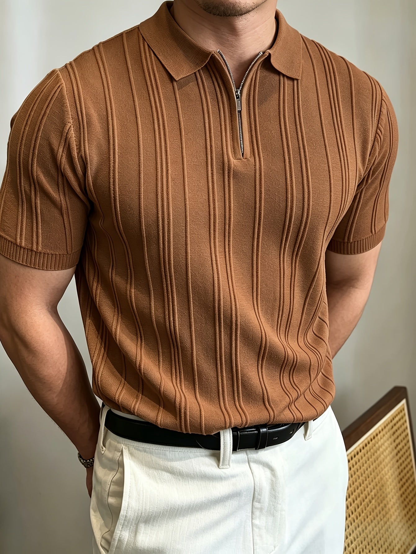 Men's Polo Shirt with Quarter Zip, Short Sleeve Summer Knit