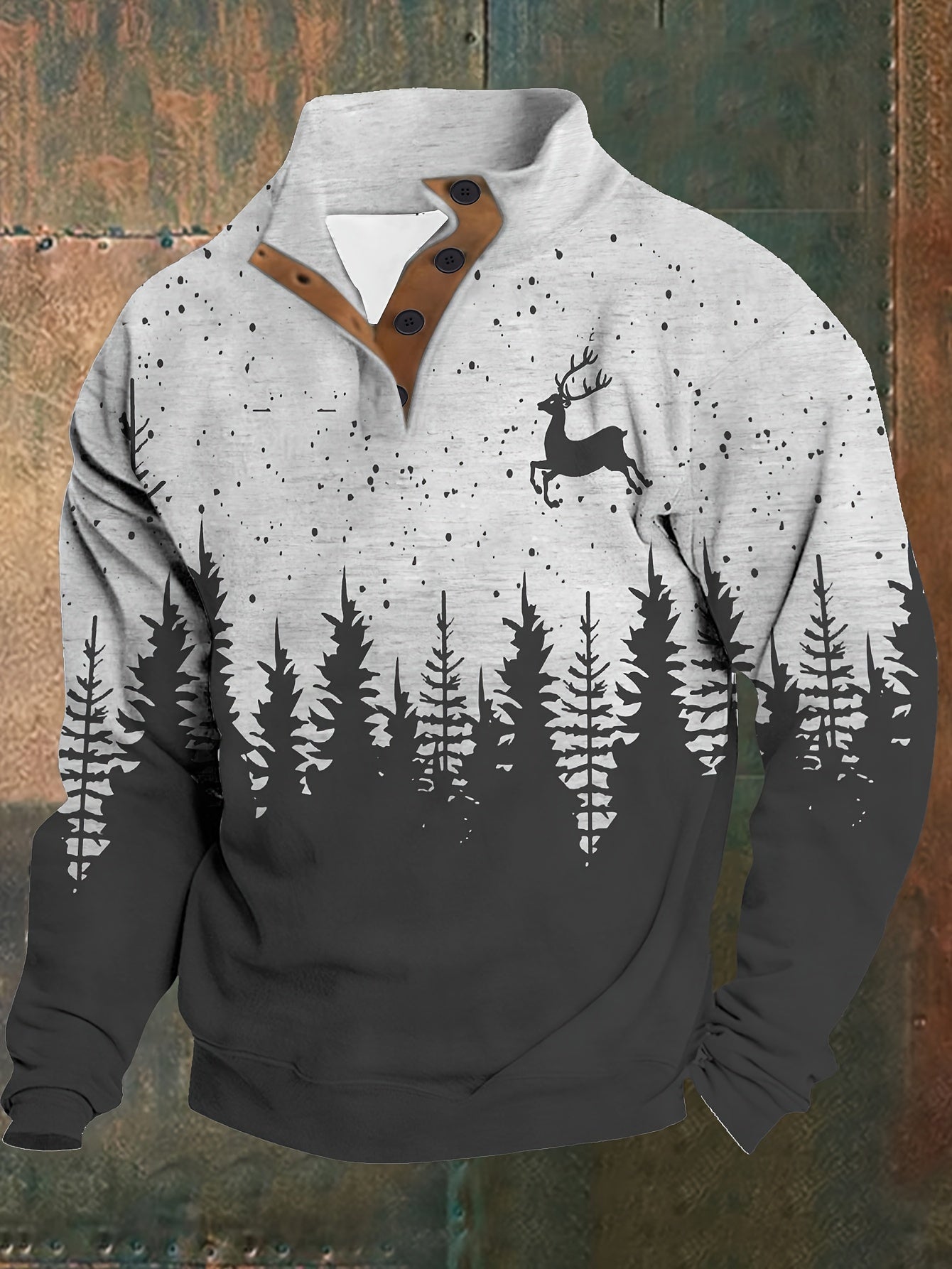 Men'S Plus Size Long Sleeve Henley Shirt with Forest & Deer Application, 100% Polyester Knit Fabric, Regular Fit Sporty & Party Top with Collared Neck and Slight Stretch - Printed Design
