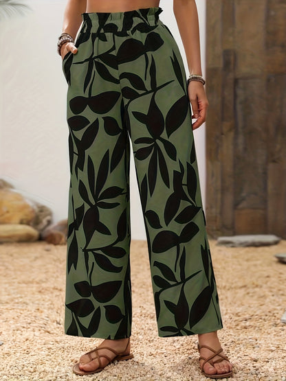 Women's Wide-Leg Tropical Leaf Print Trousers with Pockets