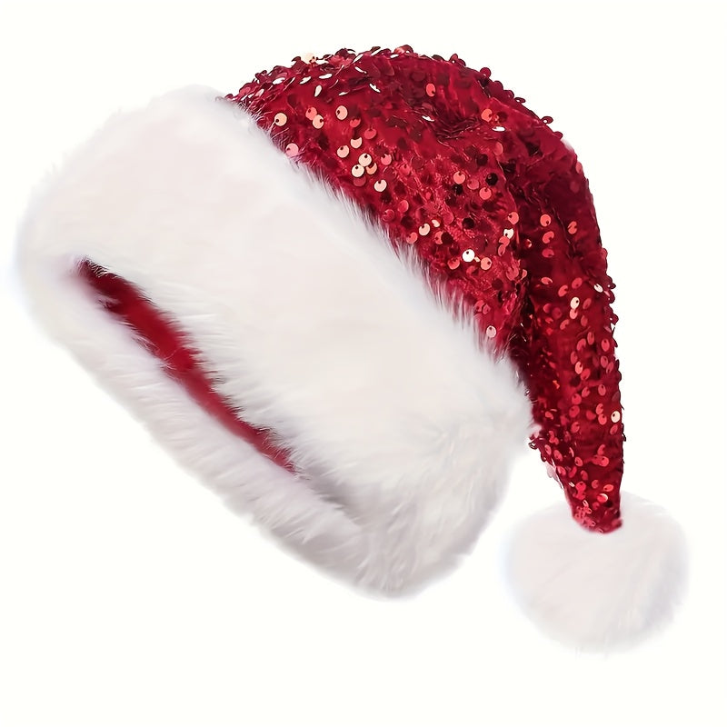 Christmas Sequin Santa Hat - Double Layer Shimmery Polyester Beanie Cap with Plush Trim, Inelastic, Handwash Only, Knitted Craftsmanship, No Feathers, Festive Holiday Headwear for Adults
