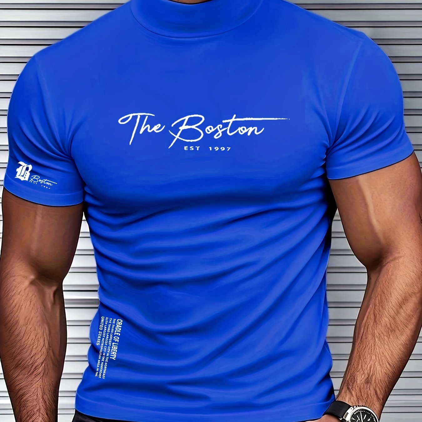 Men's Slim Fit Breathable Moisture-Wicking Short Sleeve T-Shirt - Lightweight All-Season Small Stand-Up Collar Tee with Boston Letter Print for Gym, Outdoor  Casual Wear, Active Lifestyle, Modern Design, Durable Construction