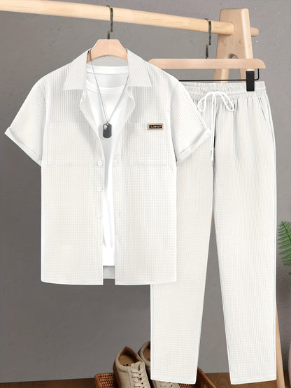 Summer Men'S Casual Bread Pattern Texture Short Sleeve Long Pants Shirt Set, 100% Polyester, Double Pocket Shirt, Turnover Woven Top Can Be Machine Washed and Dry Cleaned