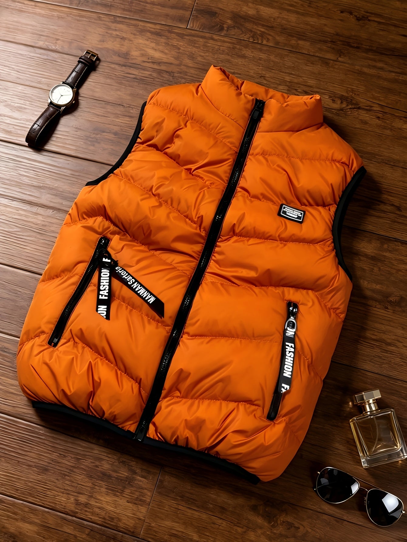 Men's Thickened Polyester Warm Vest with Full-Zip and Stand Collar