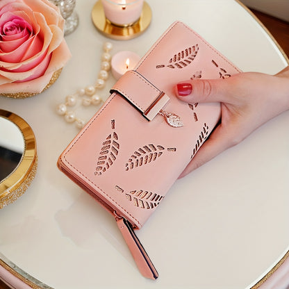 Perfect Christmas Gift for Her: Elegant Women's Long Wallet with Hollow Leaf Pattern & Gold Metal Pendant, Detachable ID Window, Zipper Coin Purse, Multiple Card Slots - Stylish PU  Clutch in Khaki, Blue, Black, Brown, Pink