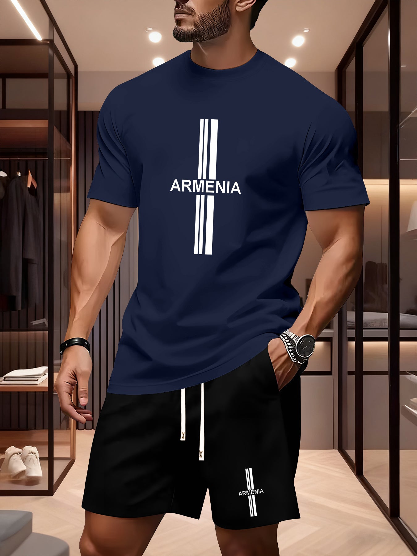 Men's Summer Casual Sport Set with White Striped Design