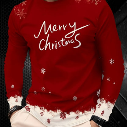 Men'S Christmas 3D Print Long Sleeve T-Shirt - Red & Snowflake & Merry Christmas Lettering, Round Neck Winter Warmth, Casual Holiday Party Outfit, Christmas T Shirt, Seasonal Clothing, Festive Design, Comfortable Fit, Holiday