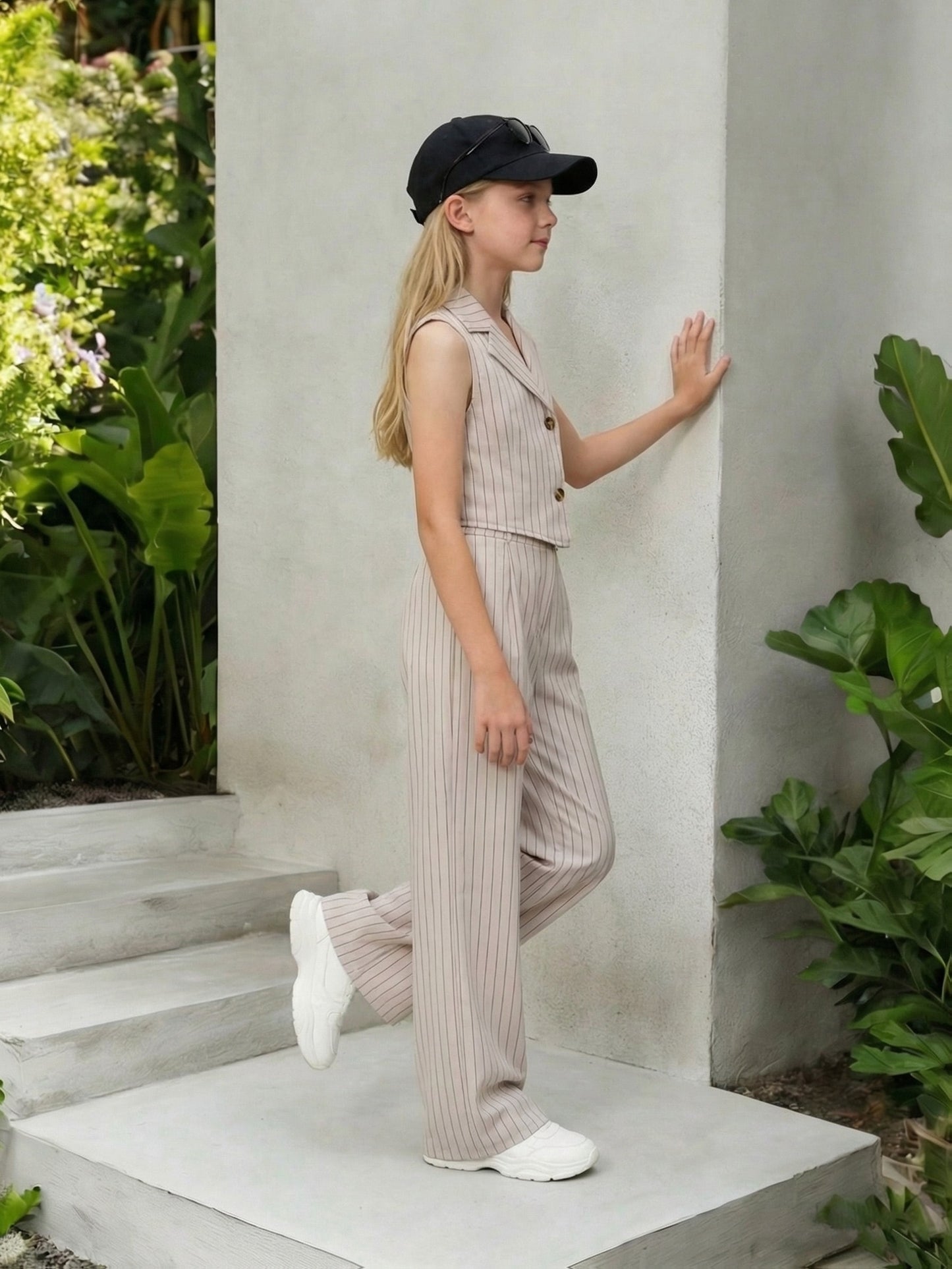 Girls' Striped Sleeveless Vest & Wide-Leg Pants Set for Summer