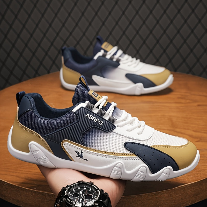Men's Breathable Low-Top Casual Sneakers - Sporty Lace-Up Walking Shoes with Navy/White/Golden Accents, All-Season Outdoor  Everyday Comfort, Durable Fabric Upper  PVC Sole, Comfortable Footwear, Sleek Shoe Design, Lightwei