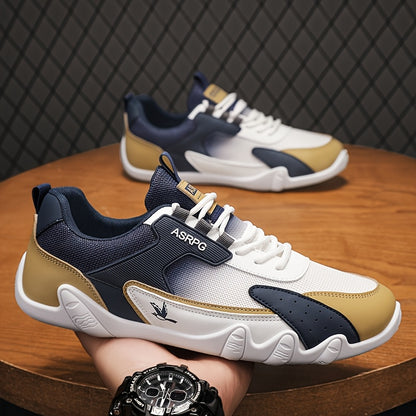 Men's Breathable Low-Top Casual Sneakers - Sporty Lace-Up Walking Shoes with Navy/White/Golden Accents, All-Season Outdoor  Everyday Comfort, Durable Fabric Upper  PVC Sole, Comfortable Footwear, Sleek Shoe Design, Lightwei