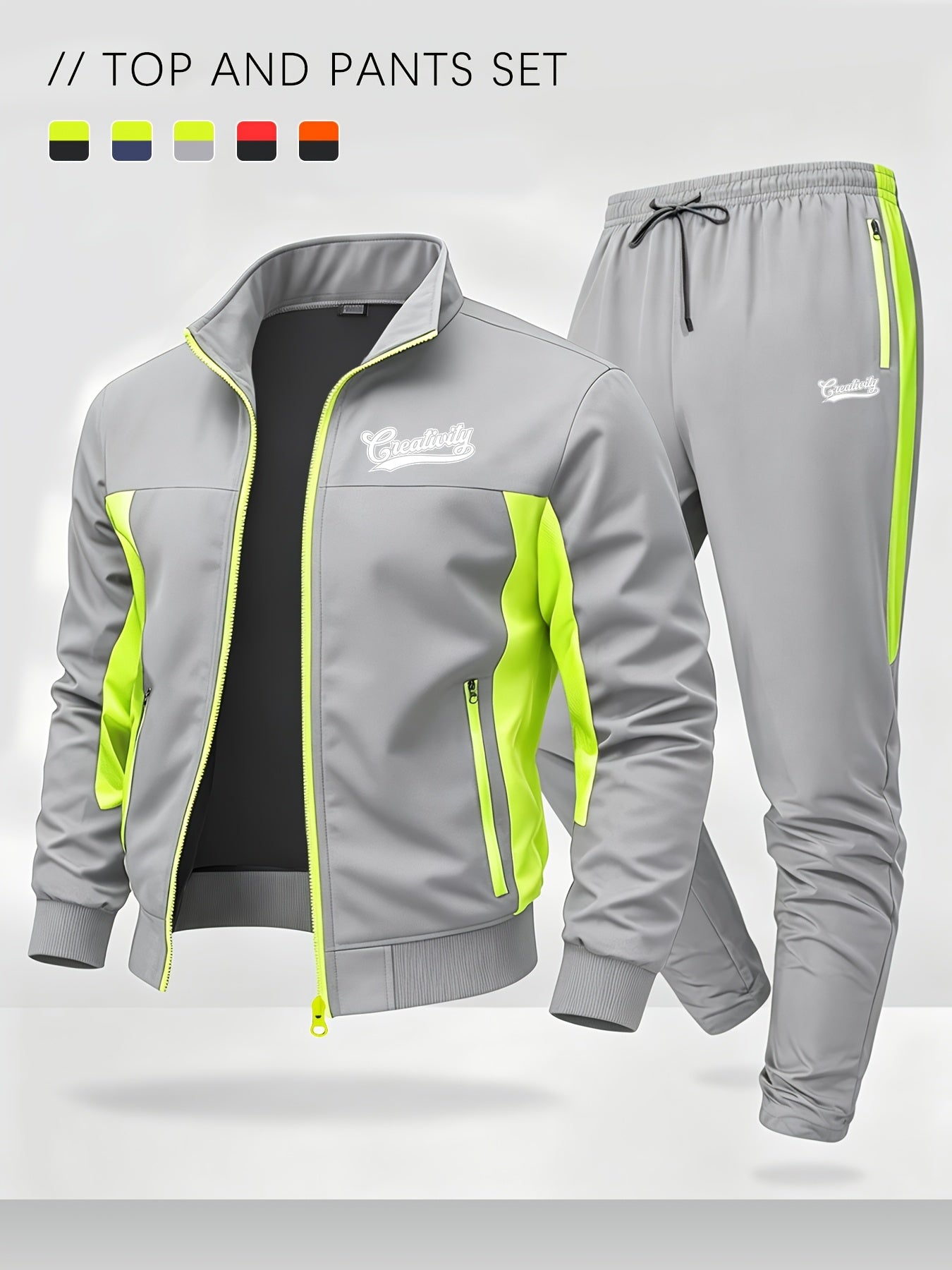 Men's Color Block Sportswear Set with Stand Collar Jacket & Pants